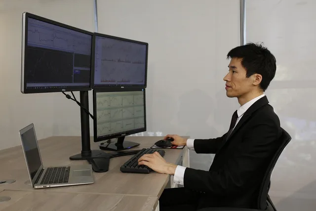 computer, office, business, laptop, desk trader in the financial multi-screen. CRM software for small Edinburgh financial firms