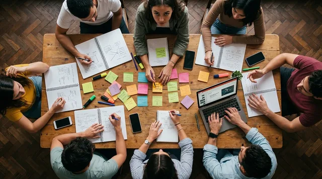 eam, workshop, office, collaboration, sticky notes, planning, strategy, brainstorming, table, overhead, people, working, laptop, notebooks, creativity, business, meeting, together, analysis, group, ai generated. Small business CRM software selection: test a workflow first