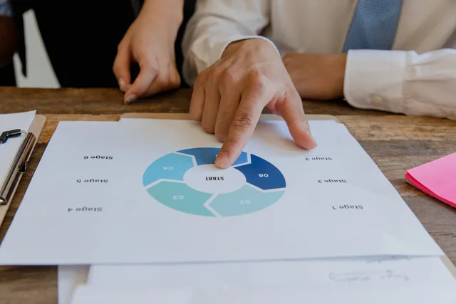 Close-up of hands pointing to a circular business strategy plan on paper. Choosing CRM tools for a small business, from workflow definition to exit