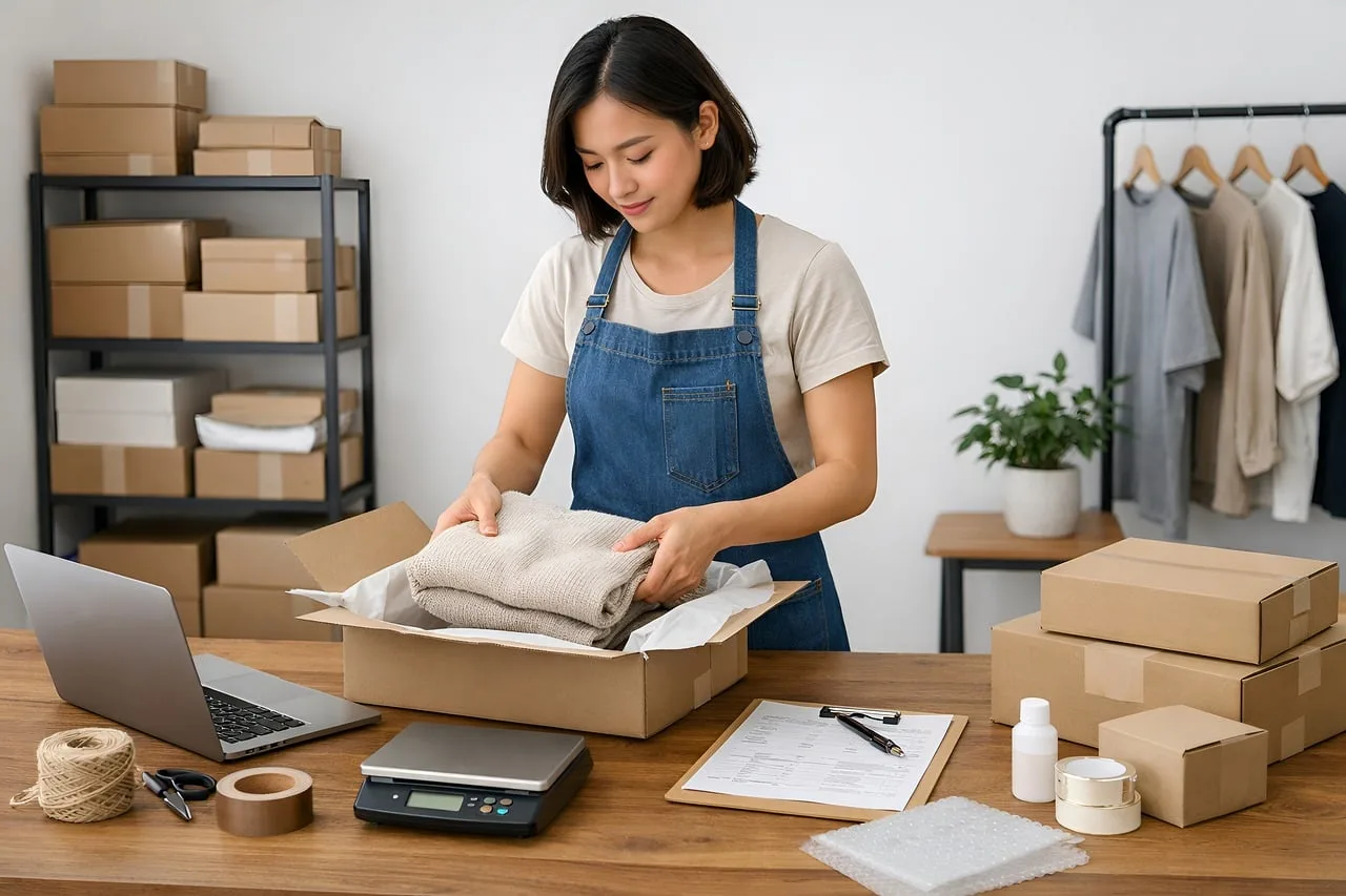 small business, e commerce, order packing, business owner, online store, packaging, shipping orders, home business, startup, entrepreneur, workspace, wooden desk, natural light, productivity, order fulfillment, retail, small business owner, logistics, packaging process, handmade business, training material